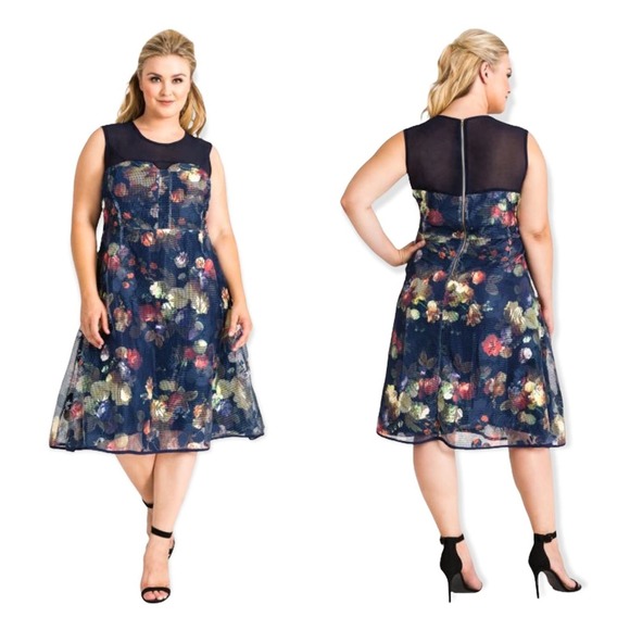 STANDARDS & PRACTICES Plus Size Floral Mesh A-line Zip Back Dress. Size 14 - Picture 1 of 6